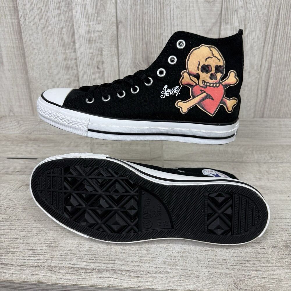 Sailor Jerry Converse high-tops Men 7.5 Women 9.5 Rare Black CTAS Skull Heart